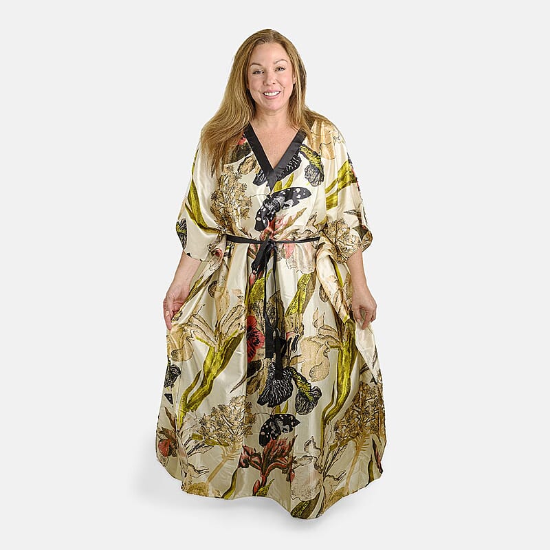 Winlar Cream Floral Long Satin Kaftan - One Size Fits Most