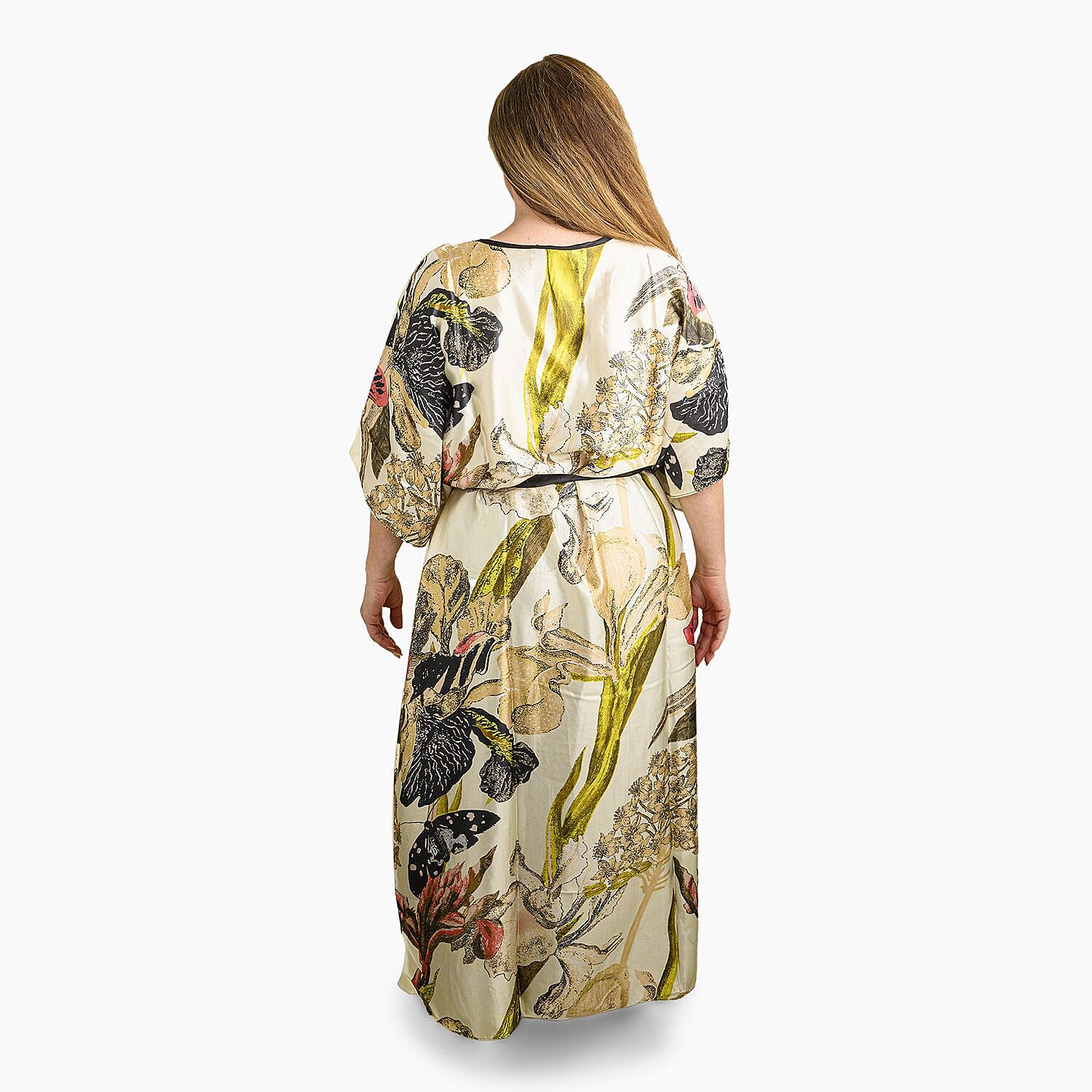 Winlar Cream Floral Long Satin Kaftan - One Size Fits Most