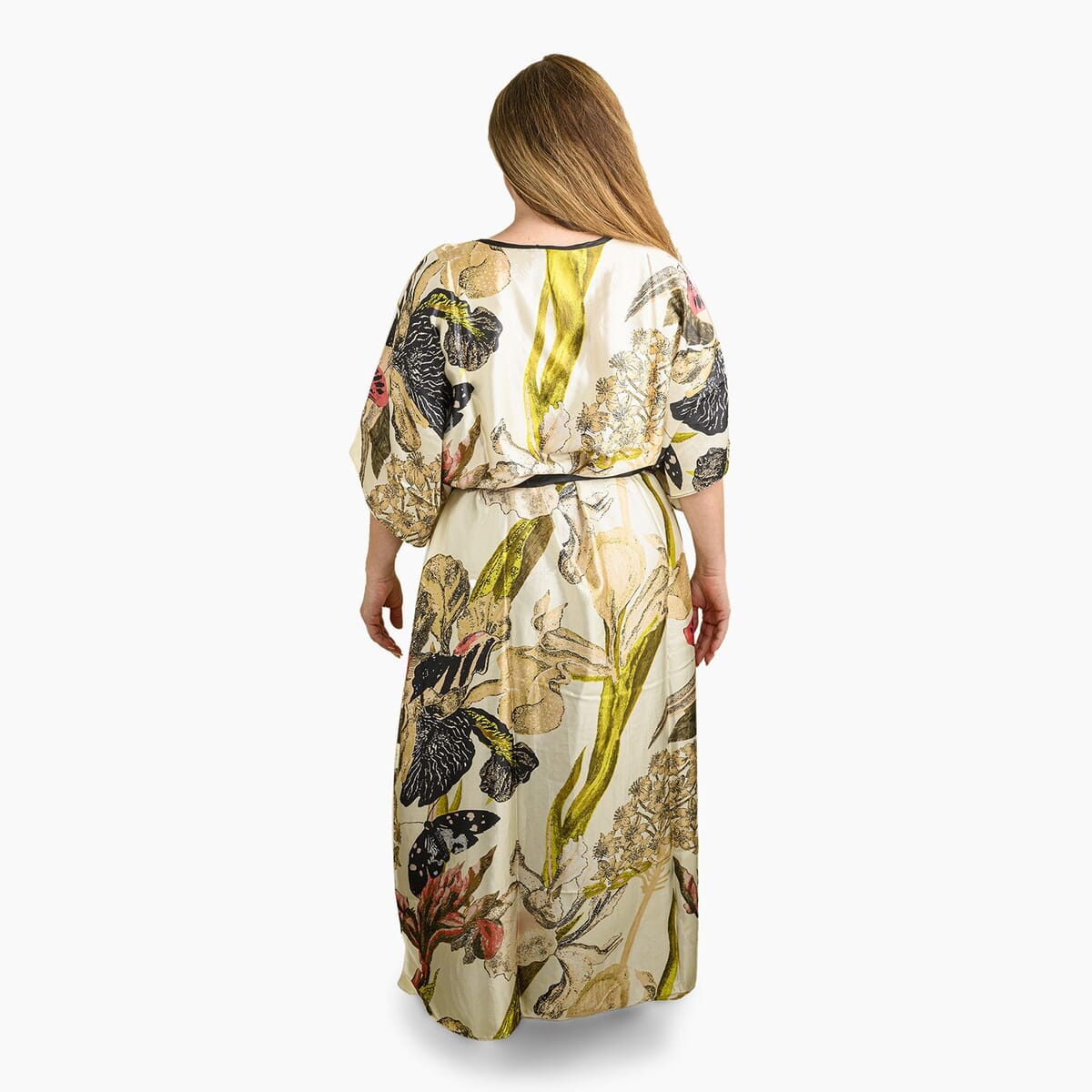 Winlar Cream Floral Long Satin Kaftan - One Size Fits Most image number 1