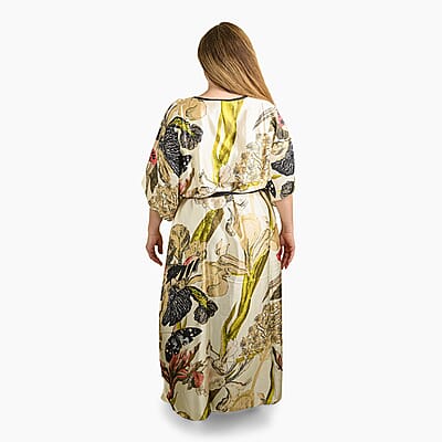 Winlar Cream Floral Long Satin Kaftan - One Size Fits Most