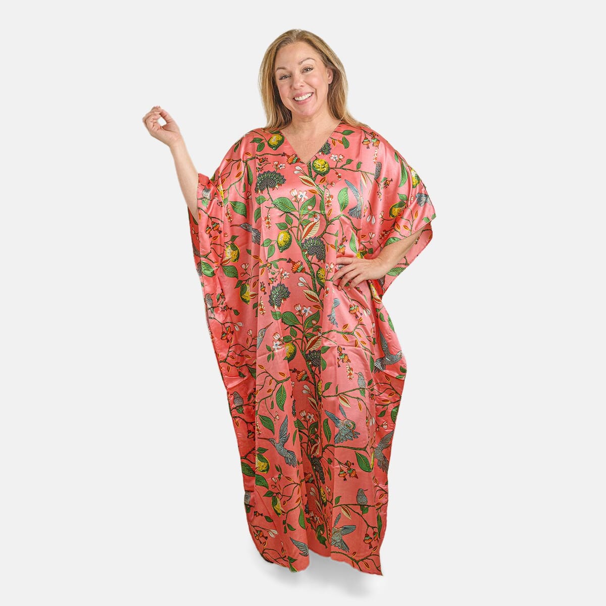 Value Buy Winlar Pink Floral Long Satin Kaftan - One Size Fits Most image number 0