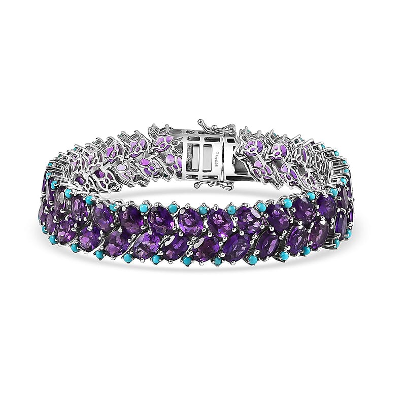 D'Joy African Amethyst and Sleeping Beauty Turquoise 43.80 ctw Mystic Oasis Bracelet in Rhodium Over Sterling Silver (7.25 In)