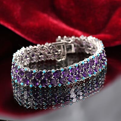 D'Joy African Amethyst and Sleeping Beauty Turquoise 43.80 ctw Mystic Oasis Bracelet in Rhodium Over Sterling Silver (7.25 In)