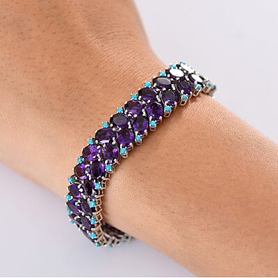 D'Joy African Amethyst and Sleeping Beauty Turquoise 43.80 ctw Mystic Oasis Bracelet in Rhodium Over Sterling Silver (7.25 In)
