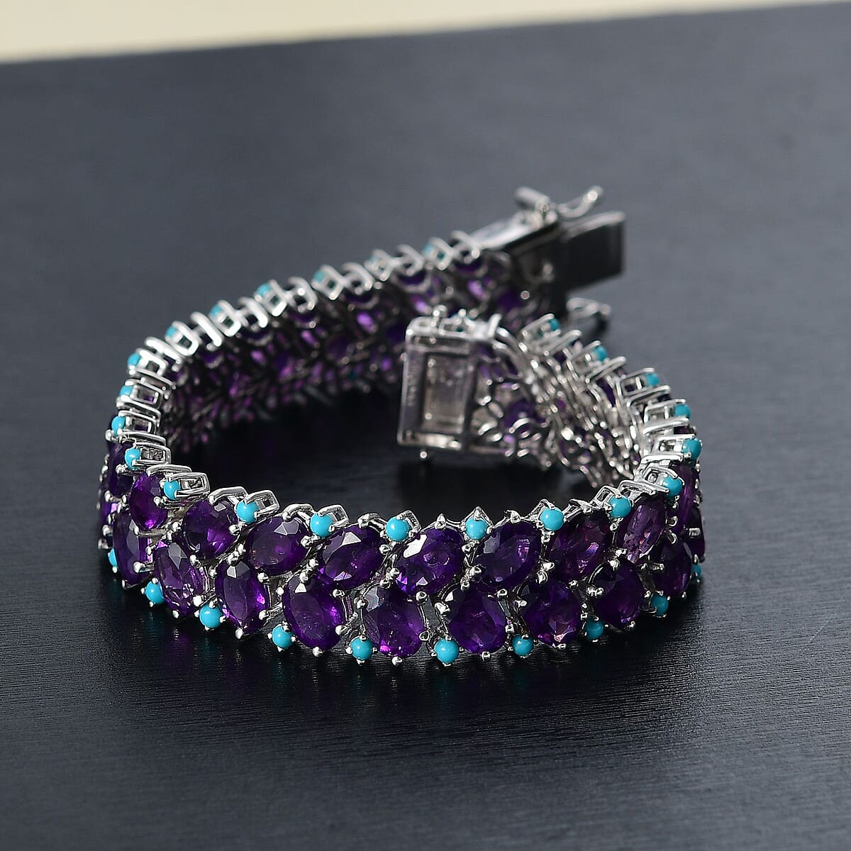 D'Joy African Amethyst and Sleeping Beauty Turquoise 39.15 ctw Mystic Oasis Bracelet in Rhodium Over Sterling Silver (6.50 In) image number 1