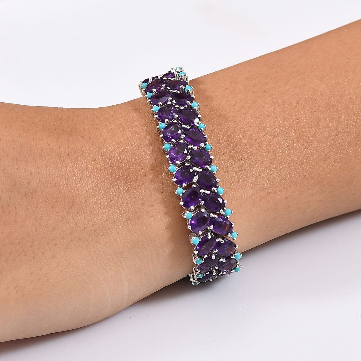D'Joy African Amethyst and Sleeping Beauty Turquoise 39.15 ctw Mystic Oasis Bracelet in Rhodium Over Sterling Silver (6.50 In) image number 2