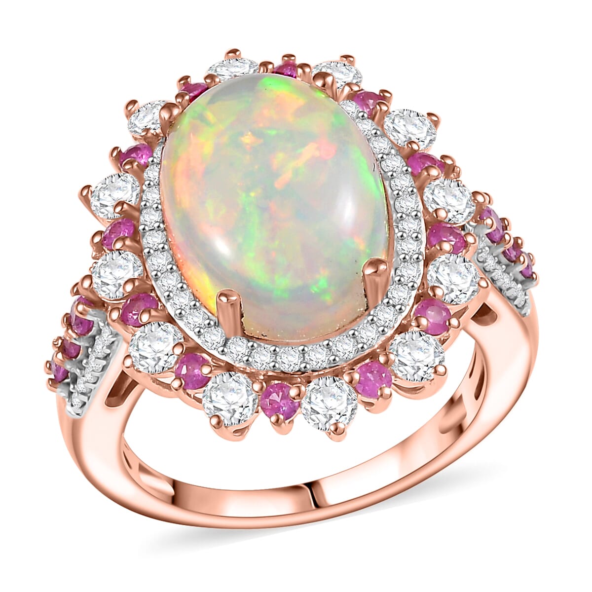 D'Joy Premium Ethiopian Welo Opal and Multi Gemstone 5.10 ctw Cherry Blossom Ring in 18K Vermeil Rose Gold Over Sterling Silver (Size 10.0) image number 0