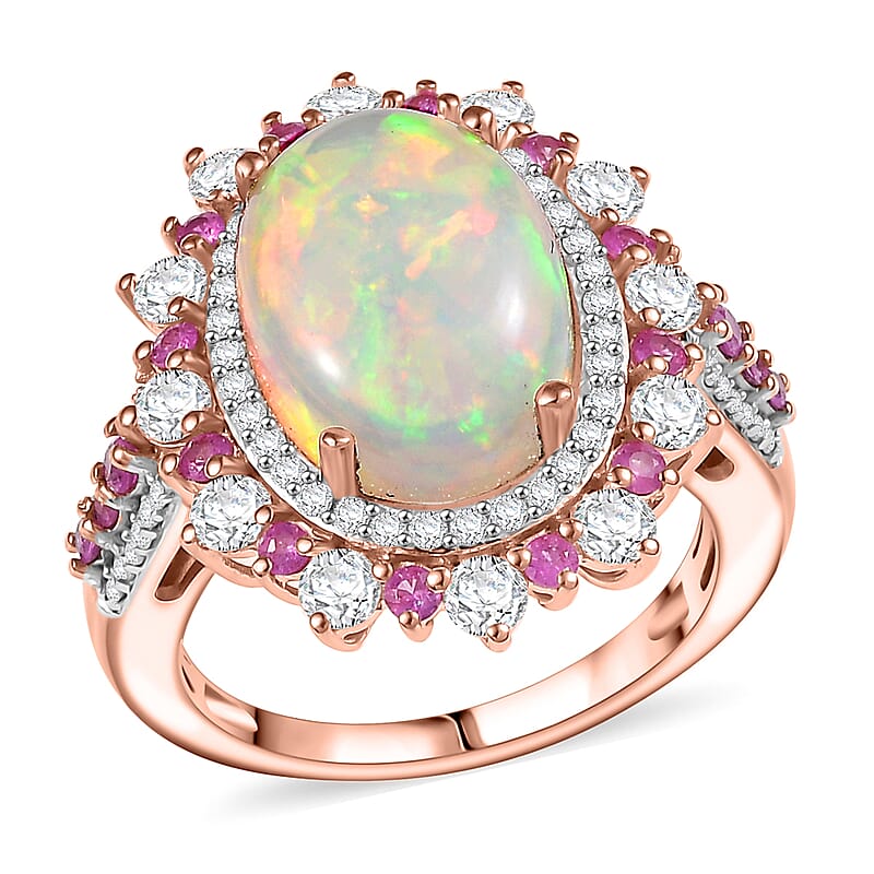 D'Joy Premium Ethiopian Welo Opal and Multi Gemstone 5.10 ctw Cherry Blossom Ring in 18K Vermeil Rose Gold Over Sterling Silver (Size 10.0)