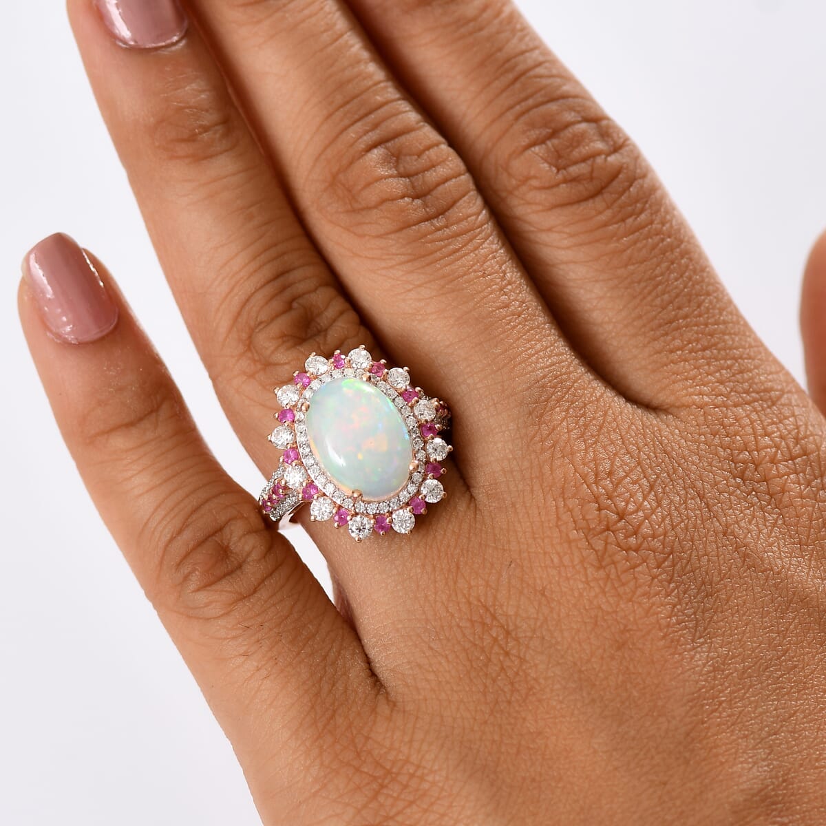 D'Joy Premium Ethiopian Welo Opal and Multi Gemstone 5.10 ctw Cherry Blossom Ring in 18K Vermeil Rose Gold Over Sterling Silver (Size 10.0) image number 2