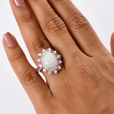 D'Joy Premium Ethiopian Welo Opal and Multi Gemstone 5.10 ctw Cherry Blossom Ring in 18K Vermeil Rose Gold Over Sterling Silver (Size 10.0)
