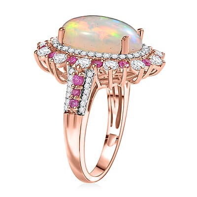 D'Joy Premium Ethiopian Welo Opal and Multi Gemstone 5.10 ctw Cherry Blossom Ring in 18K Vermeil Rose Gold Over Sterling Silver (Size 10.0)