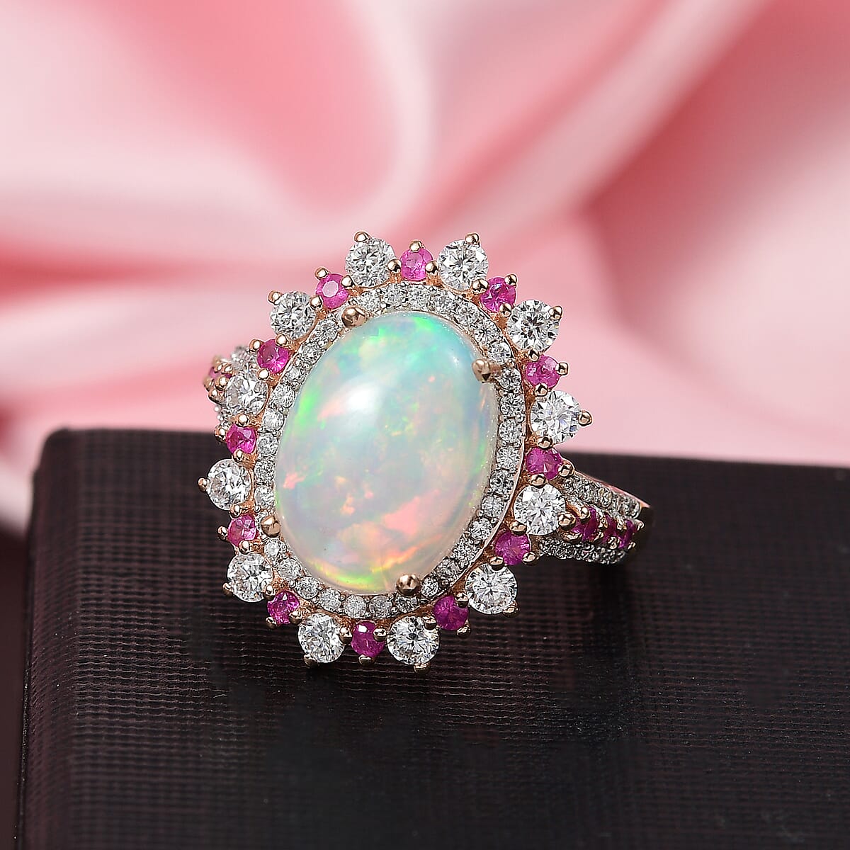 D'Joy Premium Ethiopian Welo Opal and Multi Gemstone 5.10 ctw Cherry Blossom Ring in 18K Vermeil Rose Gold Over Sterling Silver (Size 7.0) image number 1
