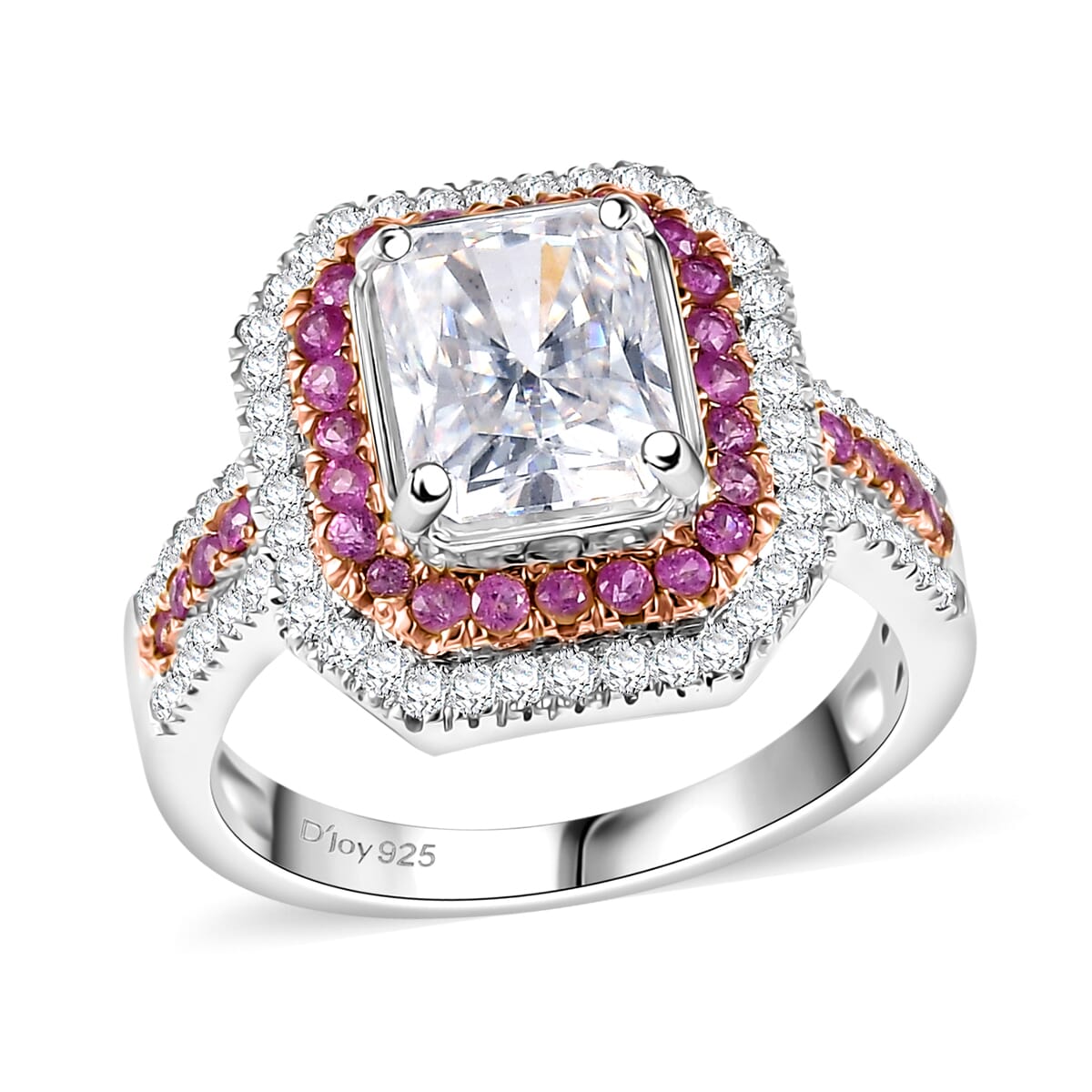 D'Joy Moissanite and Madagascar Pink Sapphire 3.50 ctw Art Deco Ring in Rhodium Over Sterling Silver (Size 10.0) image number 0