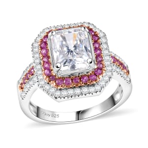 D'Joy Moissanite and Madagascar Pink Sapphire 3.50 ctw Art Deco Ring in Rhodium Over Sterling Silver (Size 10.0)