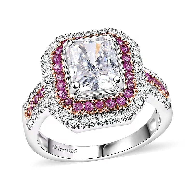 D'Joy Moissanite and Madagascar Pink Sapphire 3.50 ctw Art Deco Ring in Rhodium Over Sterling Silver (Size 10.0)