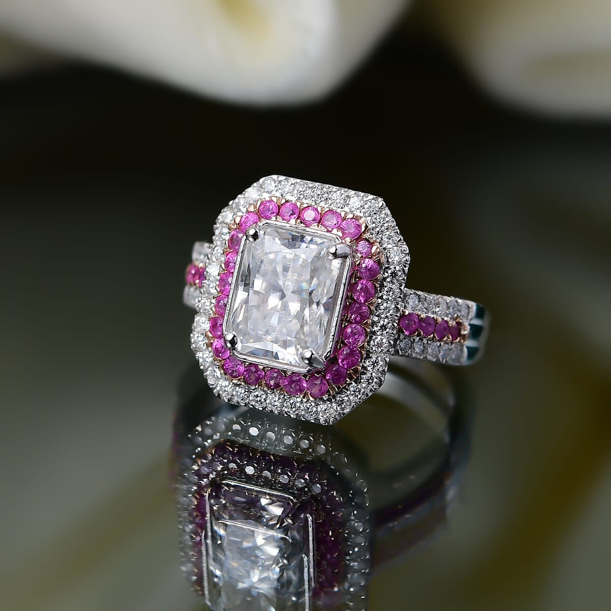 D'Joy Moissanite and Madagascar Pink Sapphire 3.50 ctw Art Deco Ring in Rhodium Over Sterling Silver (Size 10.0) image number 1