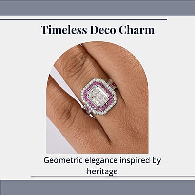 D'Joy Moissanite and Madagascar Pink Sapphire 3.50 ctw Art Deco Ring in Rhodium Over Sterling Silver (Size 10.0)