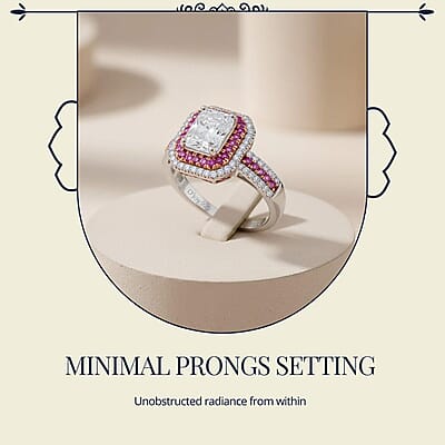 D'Joy Moissanite and Madagascar Pink Sapphire 3.50 ctw Art Deco Ring in Rhodium Over Sterling Silver (Size 10.0)