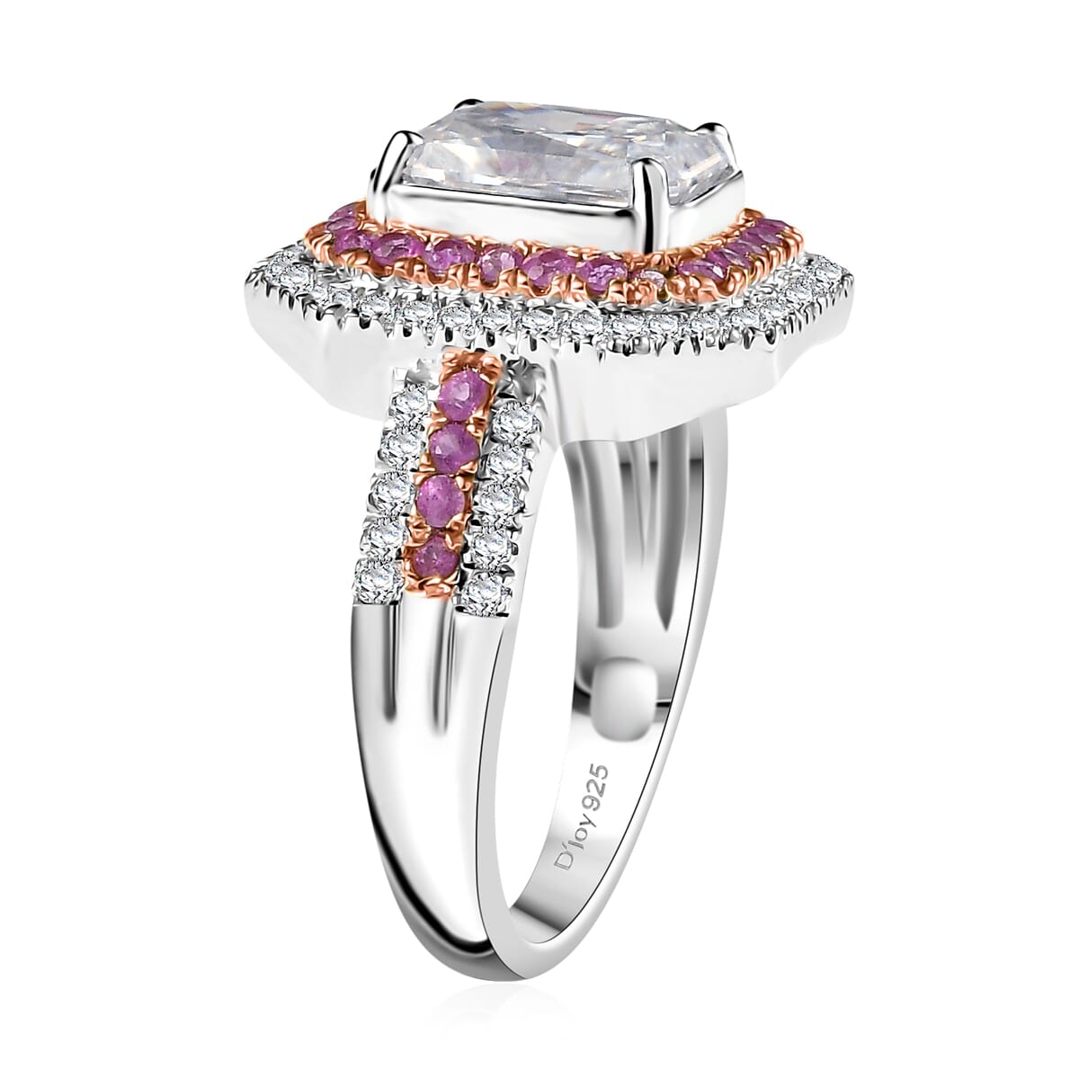 D'Joy Moissanite and Madagascar Pink Sapphire 3.50 ctw Art Deco Ring in Rhodium Over Sterling Silver (Size 10.0) image number 3