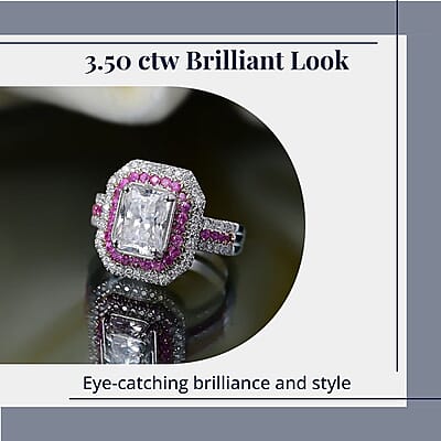 D'Joy Moissanite and Madagascar Pink Sapphire 3.50 ctw Art Deco Ring in Rhodium Over Sterling Silver (Size 10.0)