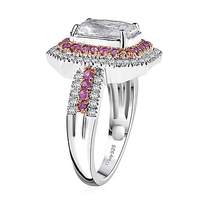 D'Joy Moissanite and Madagascar Pink Sapphire 3.50 ctw Art Deco Ring in Rhodium Over Sterling Silver (Size 10.0)