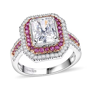 D'Joy Moissanite and Madagascar Pink Sapphire 3.50 ctw Art Deco Ring in Rhodium Over Sterling Silver (Size 5.0)
