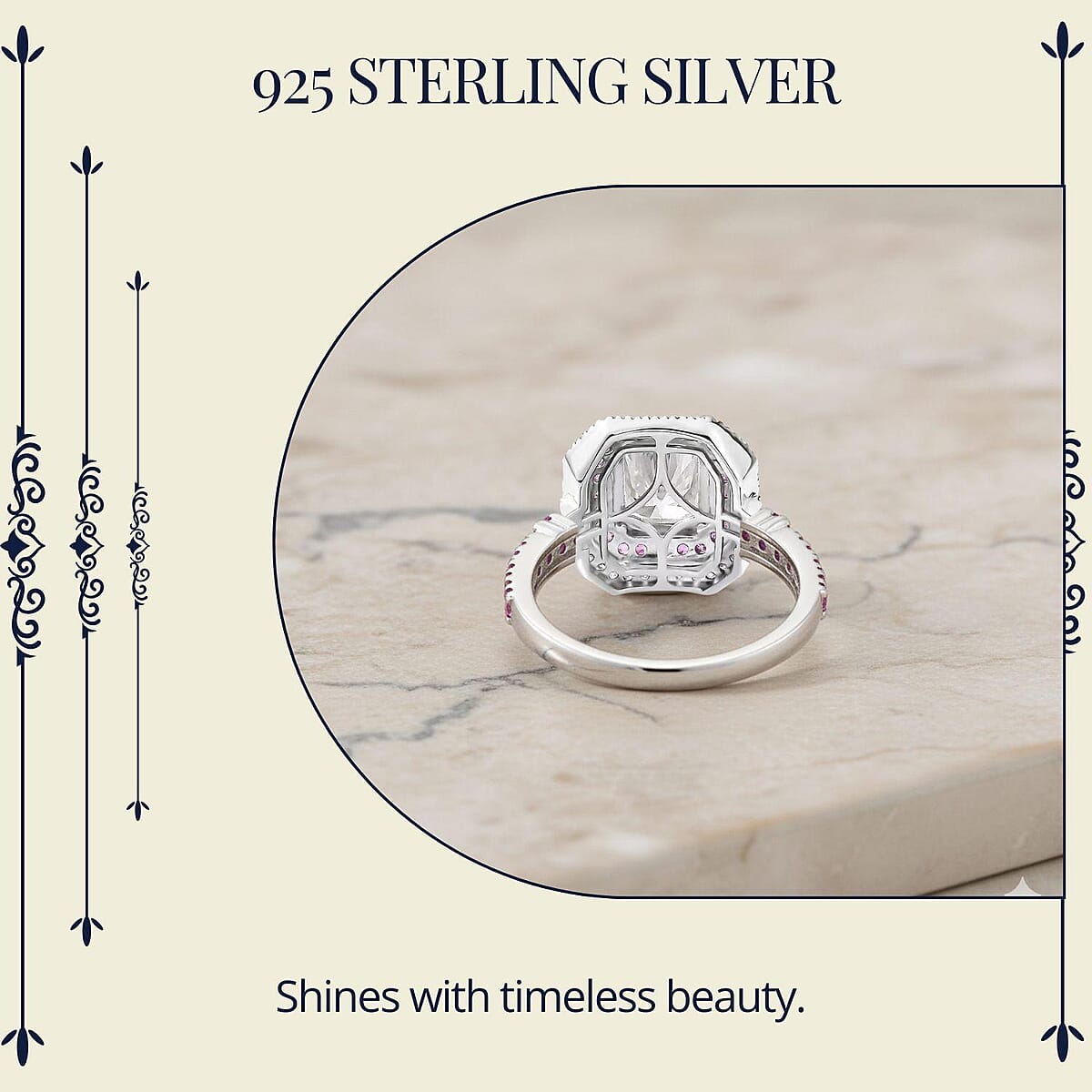 D'Joy Moissanite and Madagascar Pink Sapphire 3.50 ctw Art Deco Ring in Rhodium Over Sterling Silver (Size 5.0) image number 5