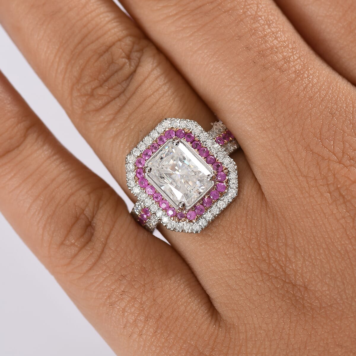 D'Joy Moissanite and Madagascar Pink Sapphire 3.50 ctw Art Deco Ring in Rhodium Over Sterling Silver (Size 6.0) image number 2