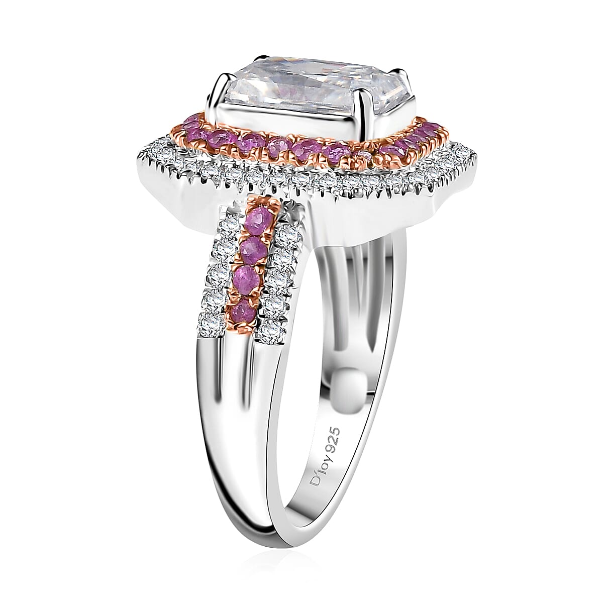 D'Joy Moissanite and Madagascar Pink Sapphire 3.50 ctw Art Deco Ring in Rhodium Over Sterling Silver (Size 7.0) image number 3