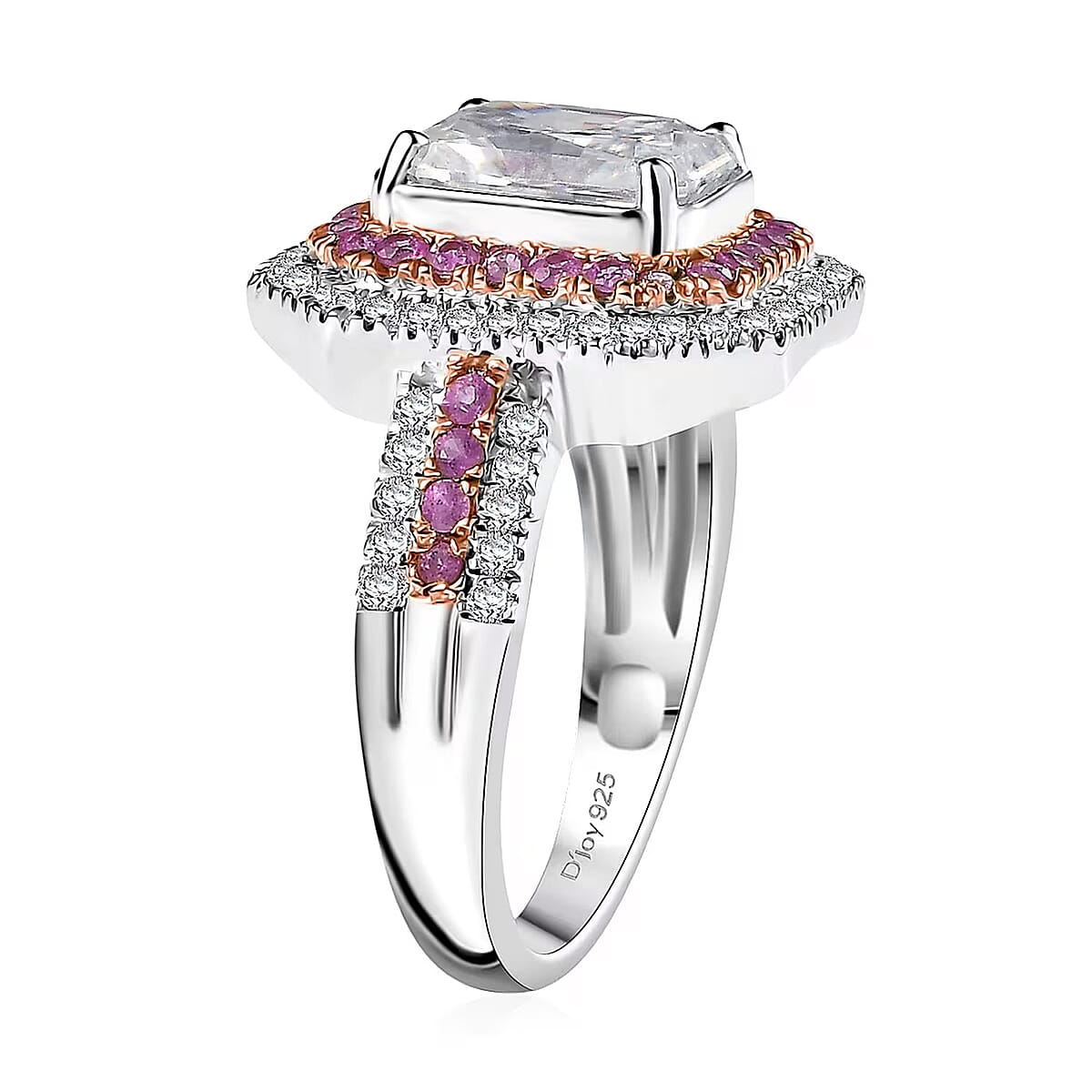 D'Joy Moissanite and Madagascar Pink Sapphire 3.50 ctw Art Deco Ring in Rhodium Over Sterling Silver (Size 9.0) image number 7