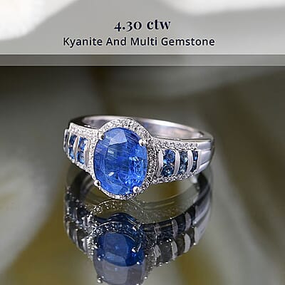 D'Joy Premium Kashmir Kyanite and Multi Gemstone 4.30 ctw Celestial Harmony Ring in Rhodium Over Sterling Silver (Size 10.0)