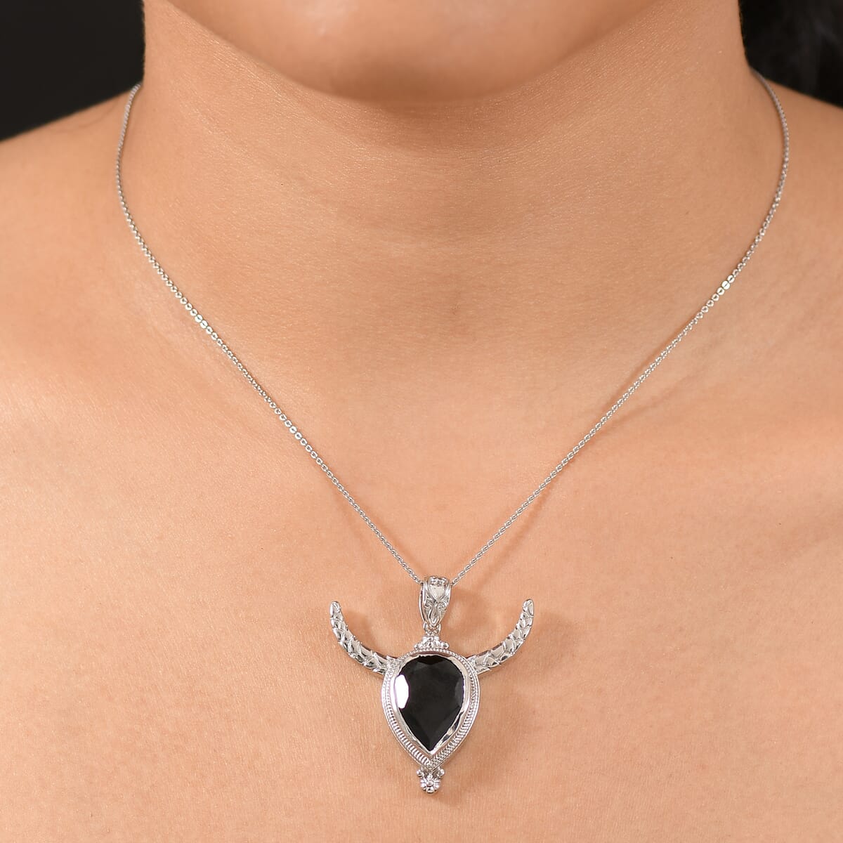 Karis Thai Black Spinel 11.40 ctw Bull Horn Pendant without Chain in Platinum Bond  image number 2