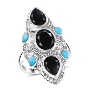 Karis Thai Black Spinel and Sleeping Beauty Turquoise 5.70 ctw Starlit Ocean Ring in Platinum Bond (Size 10.0)