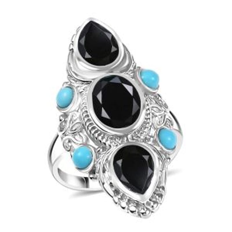 Karis Thai Black Spinel and Sleeping Beauty Turquoise 5.70 ctw Starlit Ocean Ring in Platinum Bond (Size 10.0)