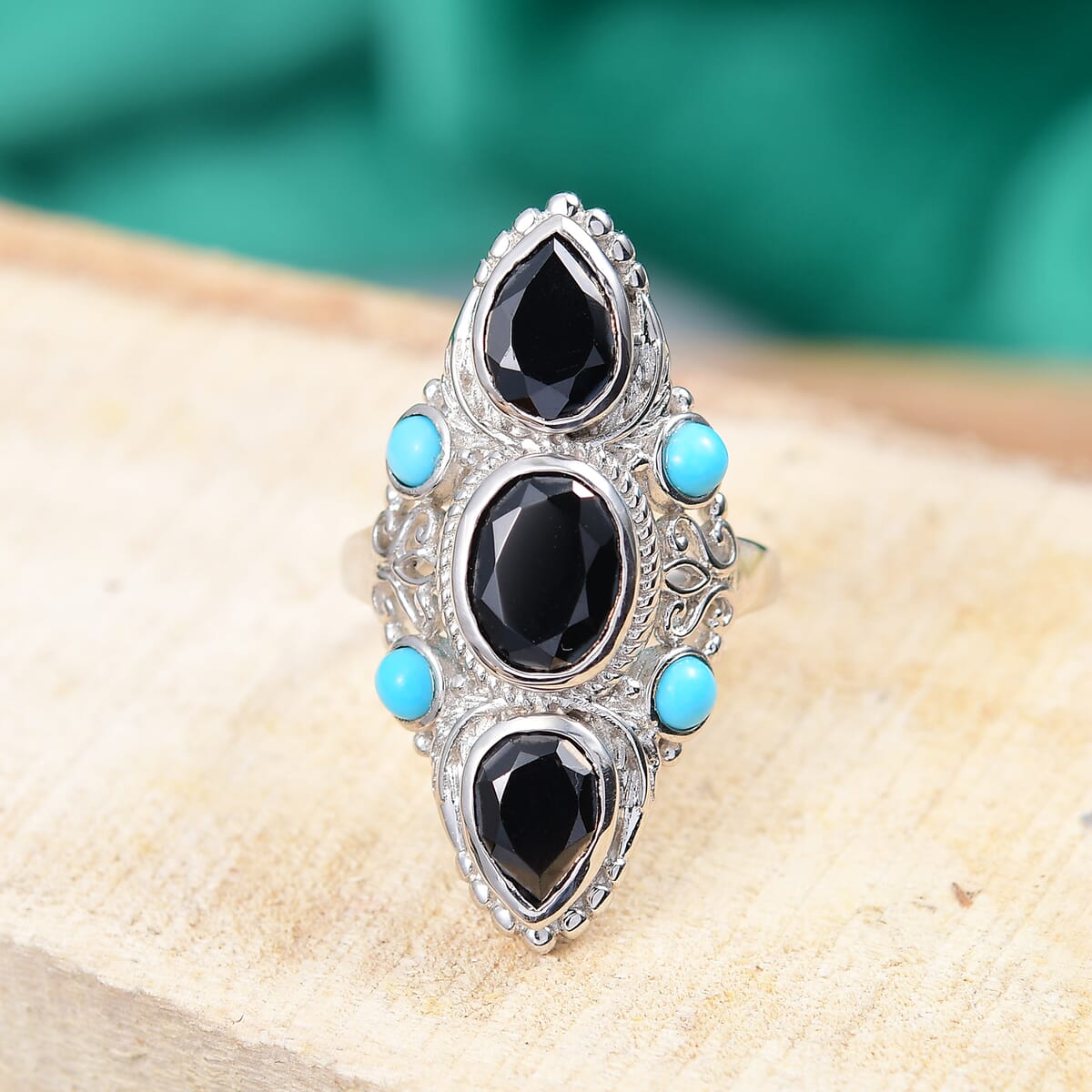 Karis Thai Black Spinel and Sleeping Beauty Turquoise 5.70 ctw Starlit Ocean Ring in Platinum Bond (Size 10.0) image number 1