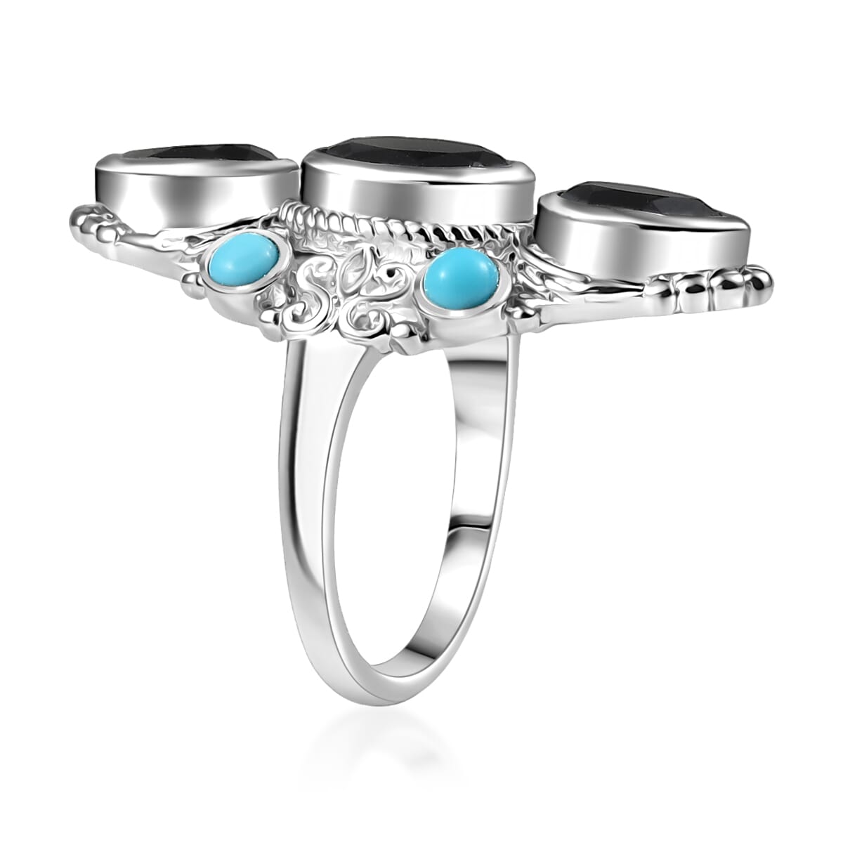 Karis Thai Black Spinel and Sleeping Beauty Turquoise 5.70 ctw Starlit Ocean Ring in Platinum Bond (Size 10.0) image number 3