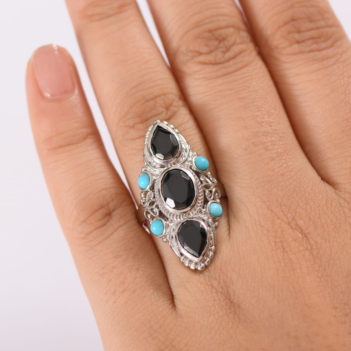Karis Thai Black Spinel and Sleeping Beauty Turquoise 5.70 ctw Starlit Ocean Ring in Platinum Bond (Size 6.0) image number 2
