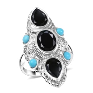 Karis Thai Black Spinel and Sleeping Beauty Turquoise 5.70 ctw Starlit Ocean Ring in Platinum Bond (Size 7.0)