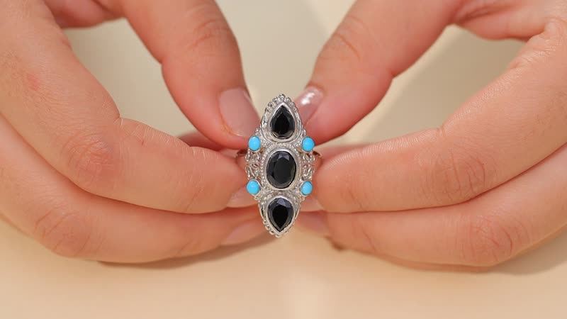 Karis Thai Black Spinel and Sleeping Beauty Turquoise 5.70 ctw Ring in Platinum Bond (Size 10.0)