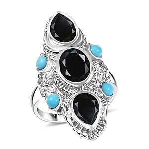 Karis Thai Black Spinel and Sleeping Beauty Turquoise 5.70 ctw Starlit Ocean Ring in Platinum Bond (Size 9.0)