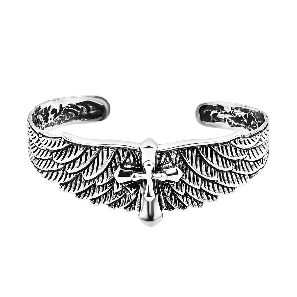 Bali Legacy Sterling Silver Eagle Wings and Cross Cuff Bracelet (7.25 In) 25 Grams image number 0