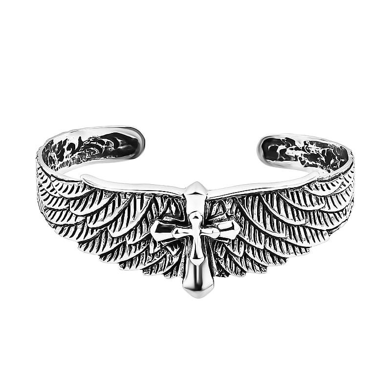 Bali Legacy Sterling Silver Eagle Wings and Cross Cuff Bracelet (7.25 In) 25 Grams