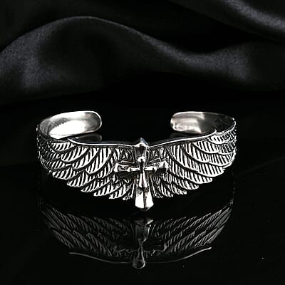 Bali Legacy Sterling Silver Eagle Wings and Cross Cuff Bracelet (7.25 In) 25 Grams