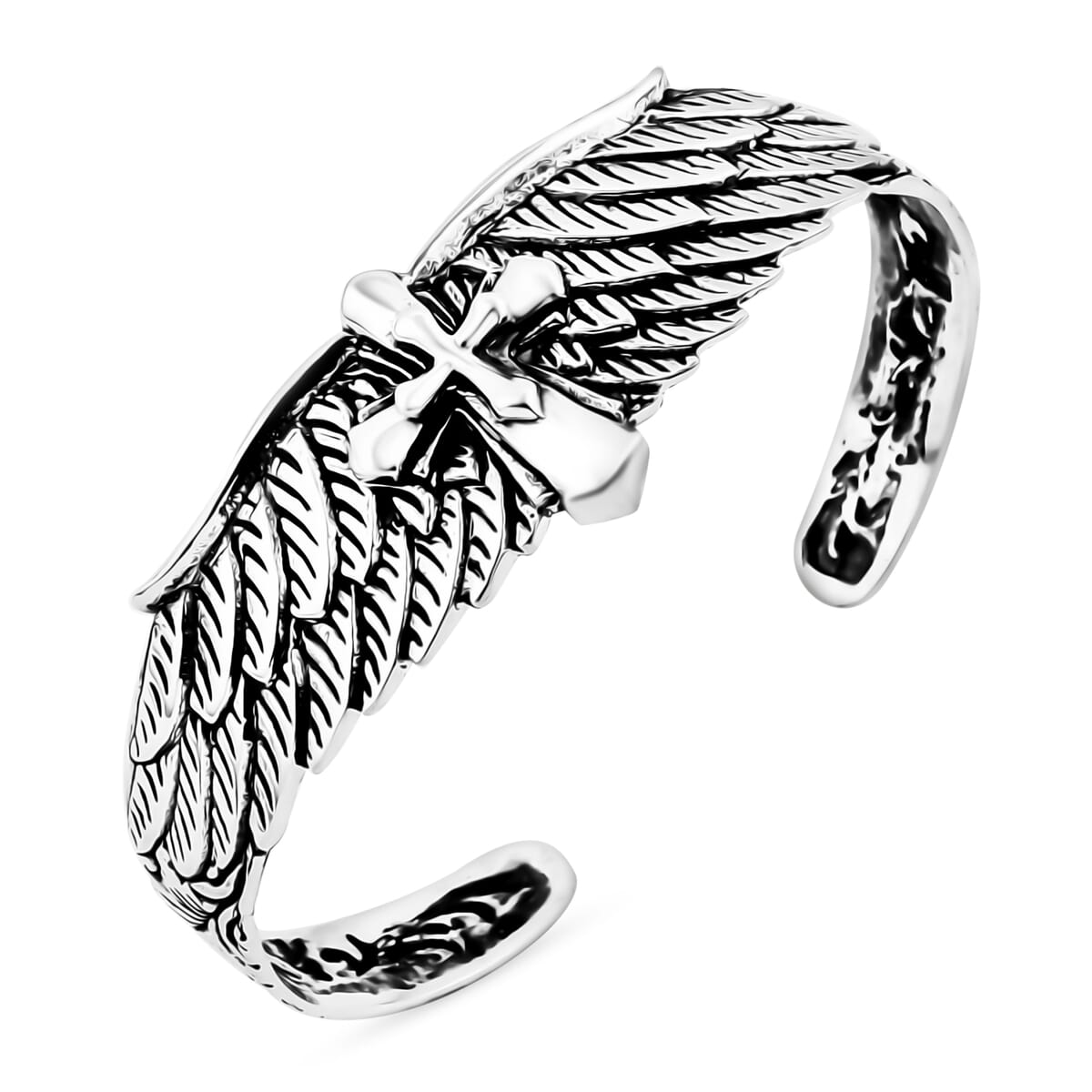 Bali Legacy Sterling Silver Eagle Wings and Cross Cuff Bracelet (7.25 In) 25 Grams image number 3