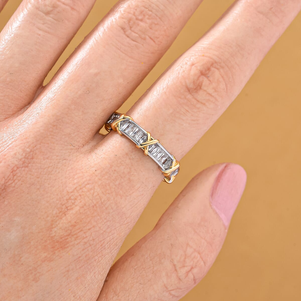 Karis Simulated Diamond XOXO Band Ring in 18K YG Plated and Platinum Bond (Size 6.0) image number 1