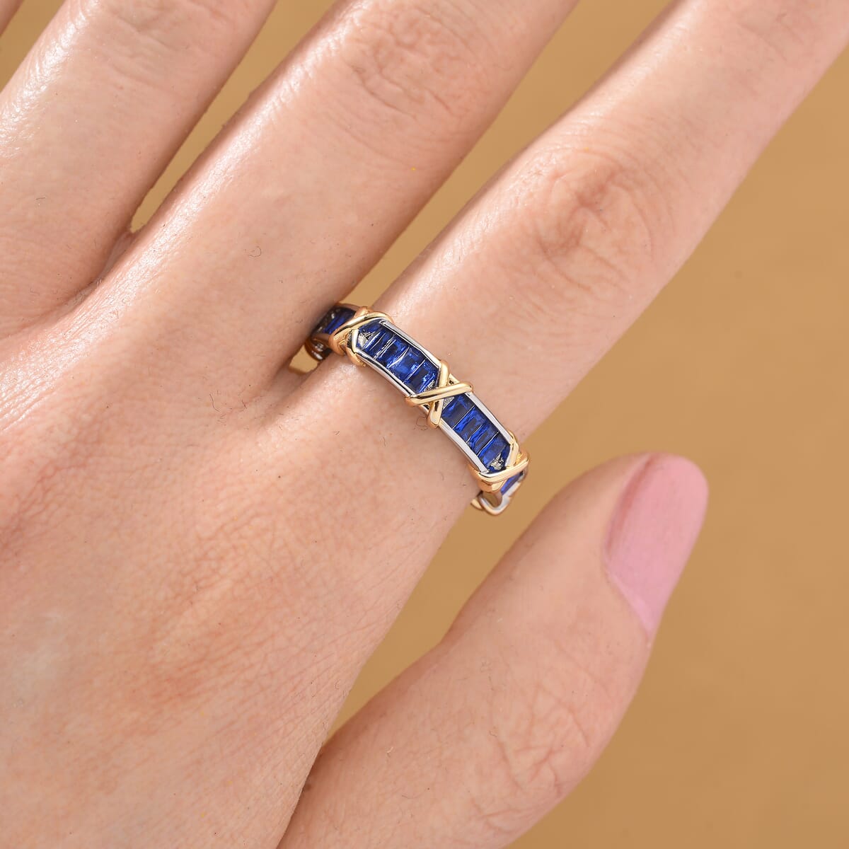 Karis Simulated Blue Diamond XOXO Band Ring in 18K YG Plated and Platinum Bond (Size 10.0) image number 1
