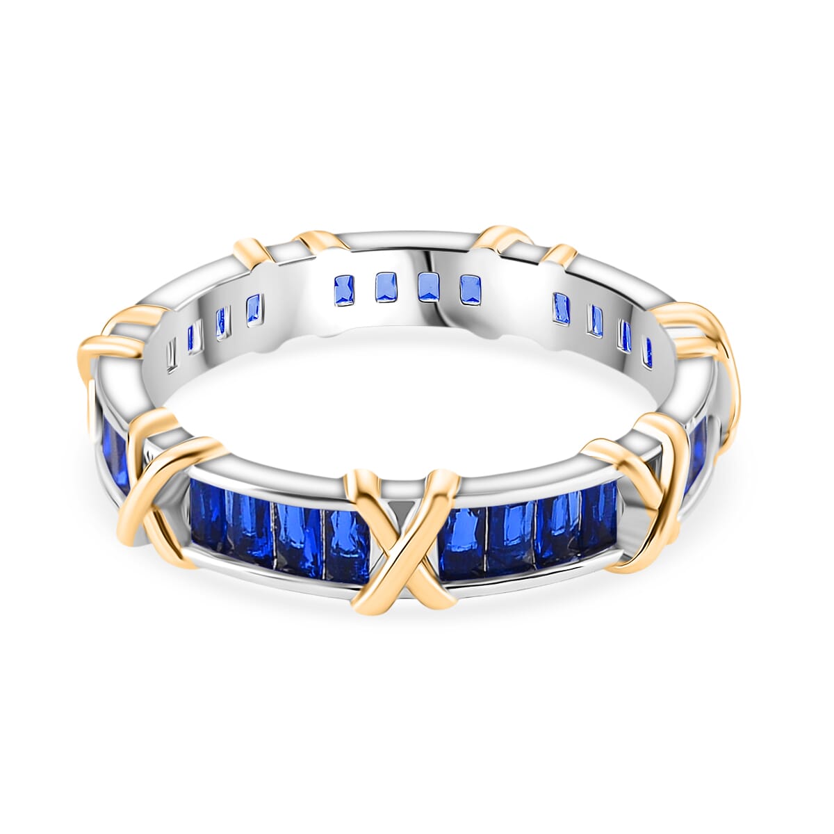 Karis Simulated Blue Diamond XOXO Band Ring in 18K YG Plated and Platinum Bond (Size 10.0) image number 3