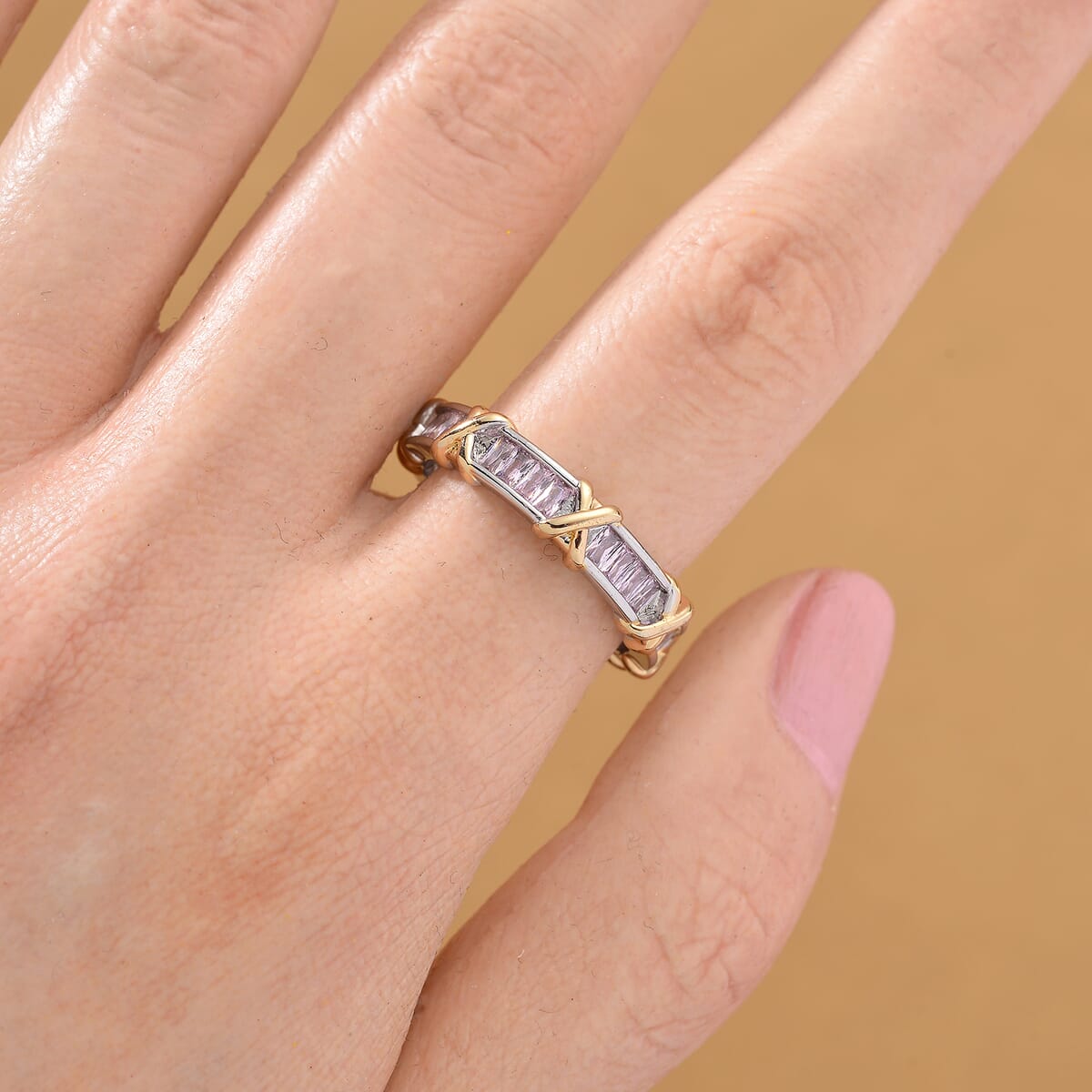 Karis Simulated Pink Diamond XOXO Band Ring in 18K YG Plated and Platinum Bond (Size 10.0) image number 1