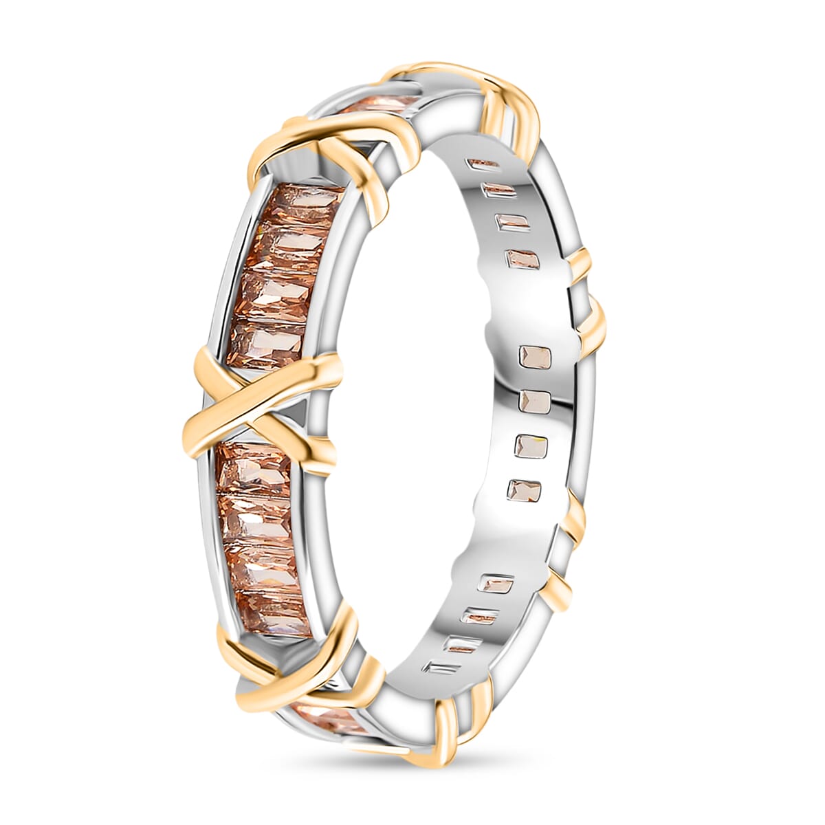 Karis Simulated Champagne Diamond XOXO Band Ring In 18K YG Plated and Platinum Bond (Size 8.0) image number 2