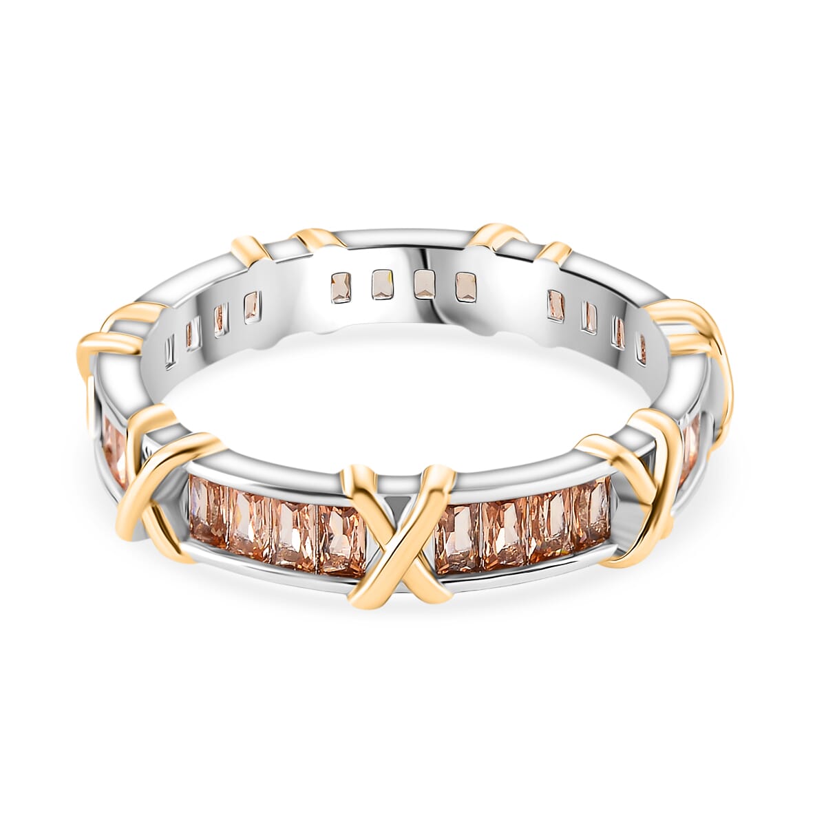 Karis Simulated Champagne Diamond XOXO Band Ring In 18K YG Plated and Platinum Bond (Size 8.0) image number 3